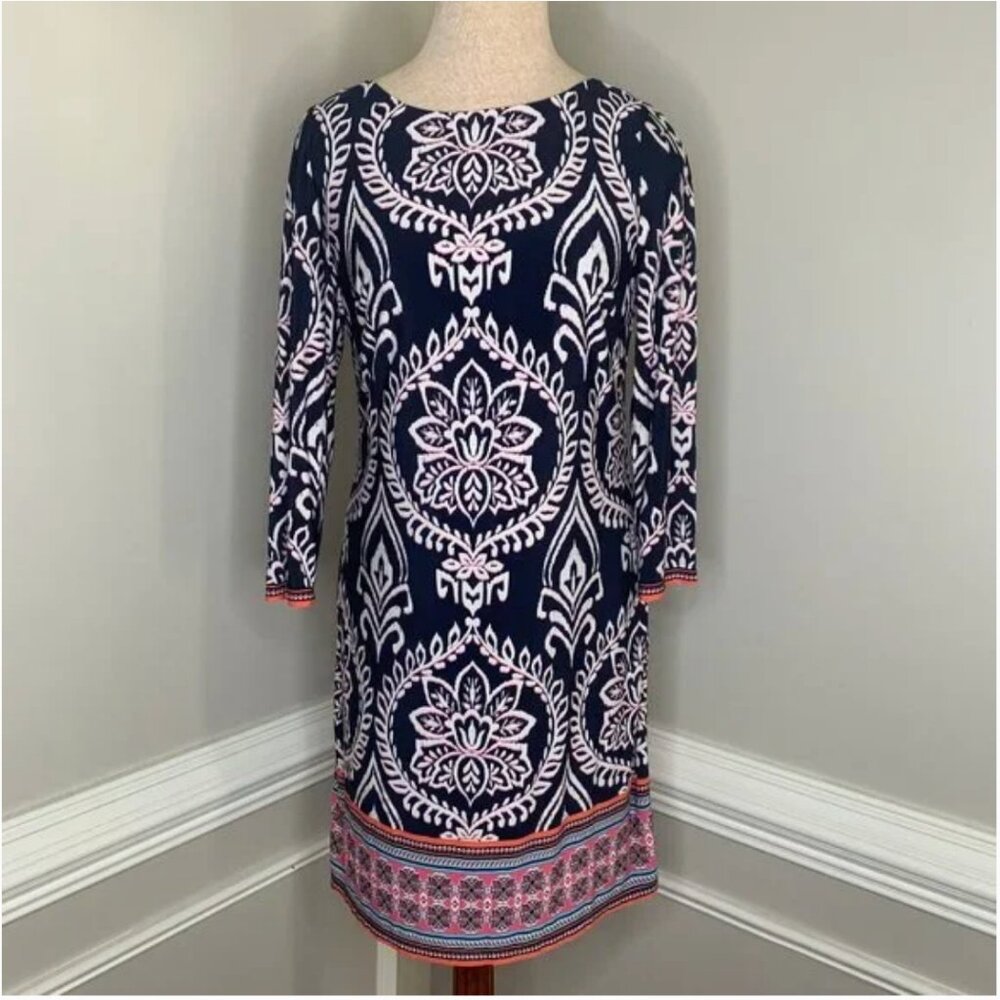 Vince Camuto Navy, White, and Pink Paisley Print Shift Long Sleeve Dress Size 6